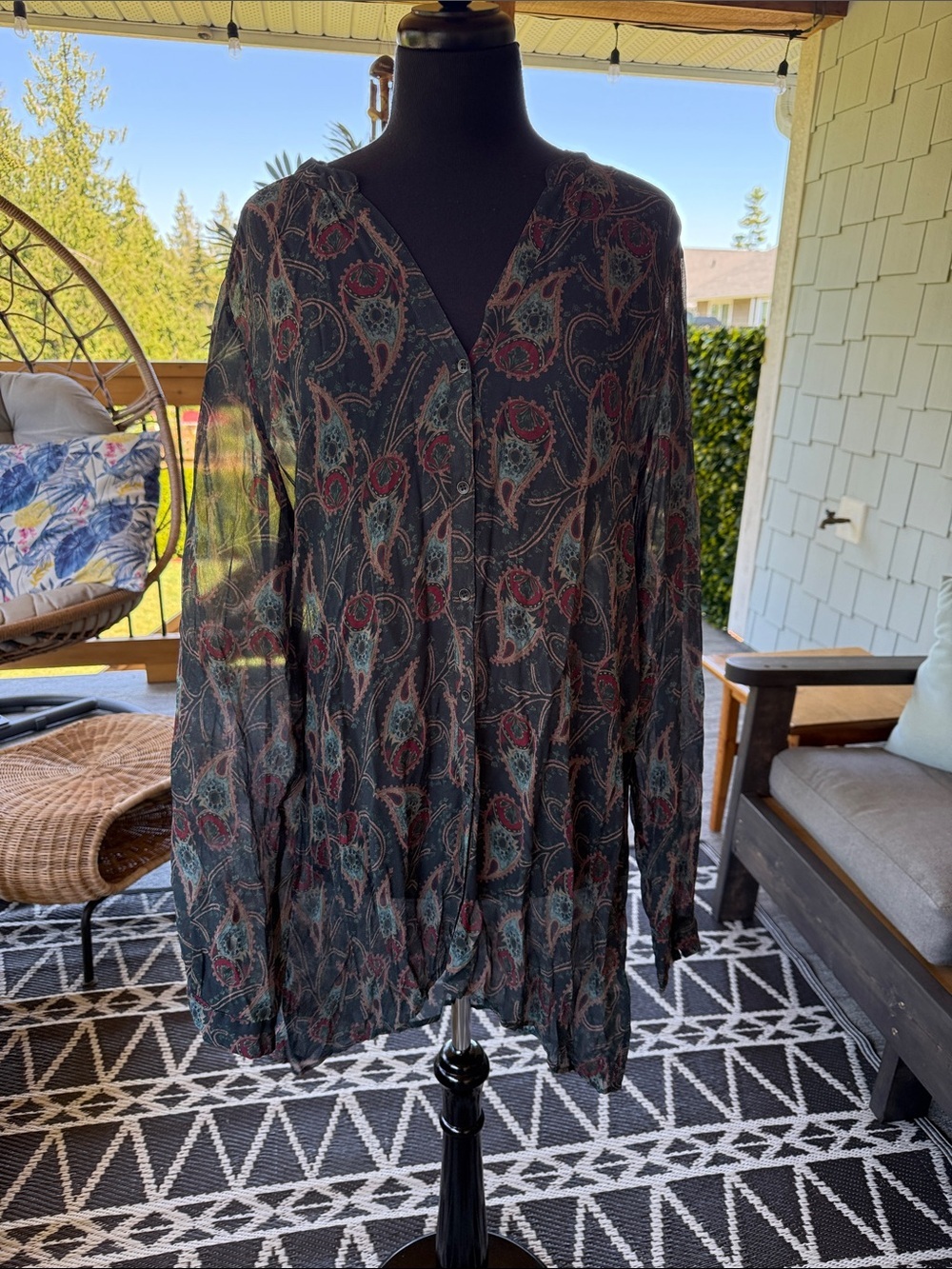 Nile | Paisley  Sheer Hi - Low Button Down Blouse